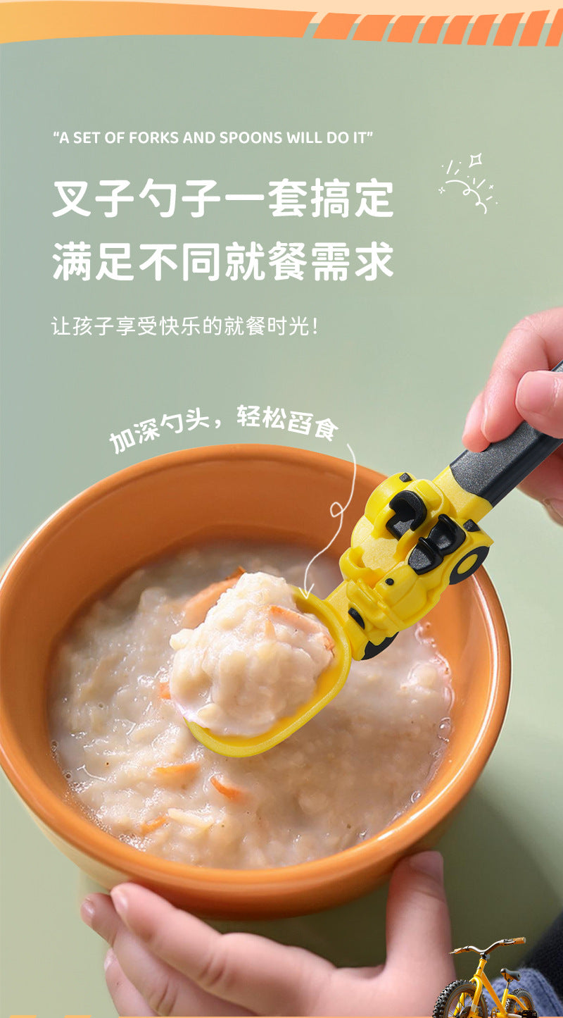 Kids 3 Wheel Scooter Cutlery Set Cartoon Cute Food Grade PP Material High Temperature Disinfectable Fork Spoon Set for Toddlers