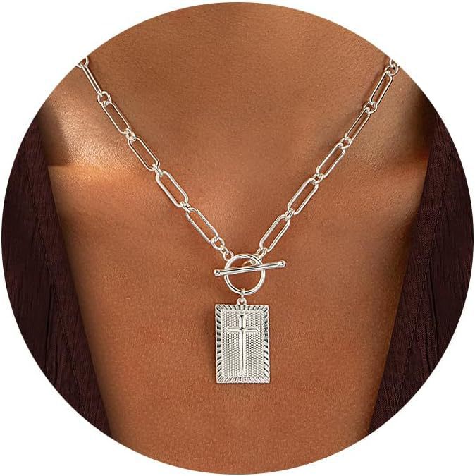 Vintage Gold Cross Pendant Necklace with O Ring Clasp and Paperclip Chain Elegant Retro Statement Collarbone Necklace for Women Men Unisex Jewelry