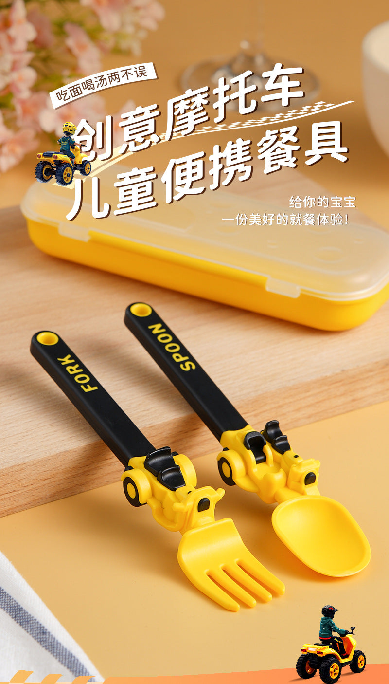 Kids 3 Wheel Scooter Cutlery Set Cartoon Cute Food Grade PP Material High Temperature Disinfectable Fork Spoon Set for Toddlers